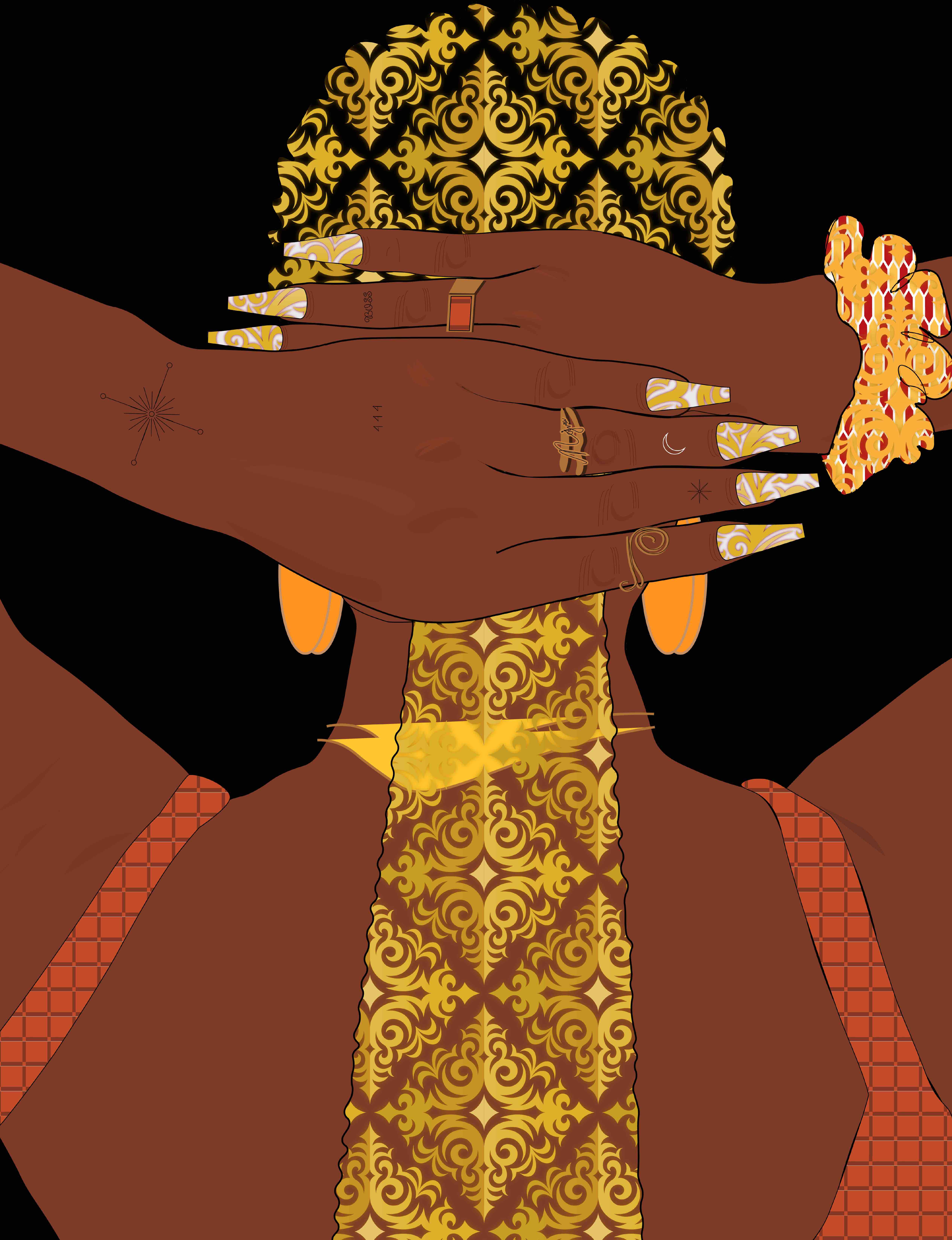 Accoutrement II—the same figure rendered against black, hair and throat as gold filigree, body as ornament