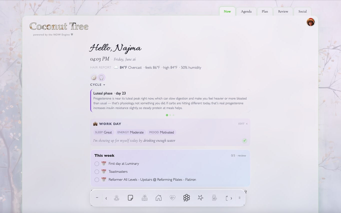 Coconut Tree app—a dreamy dashboard with 'Hello, Najma,' a soft script title, and cycle, mood, and weekly calendar widgets on a watercolor branch background