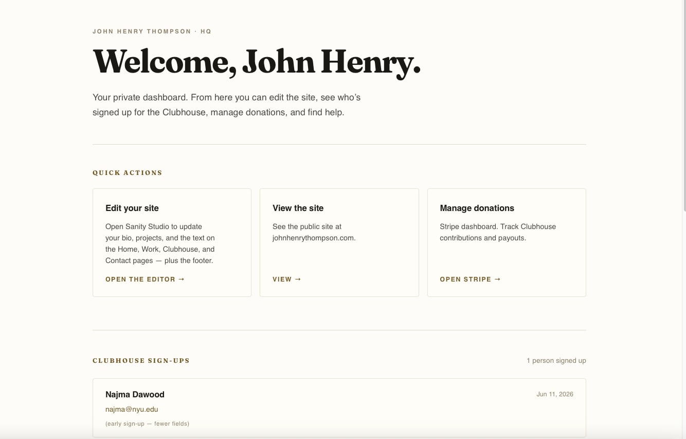 Private HQ dashboard for the client—Welcome message in serif type, three Quick Action cards (Edit your site, View the site, Manage donations), and a Clubhouse Sign-ups list