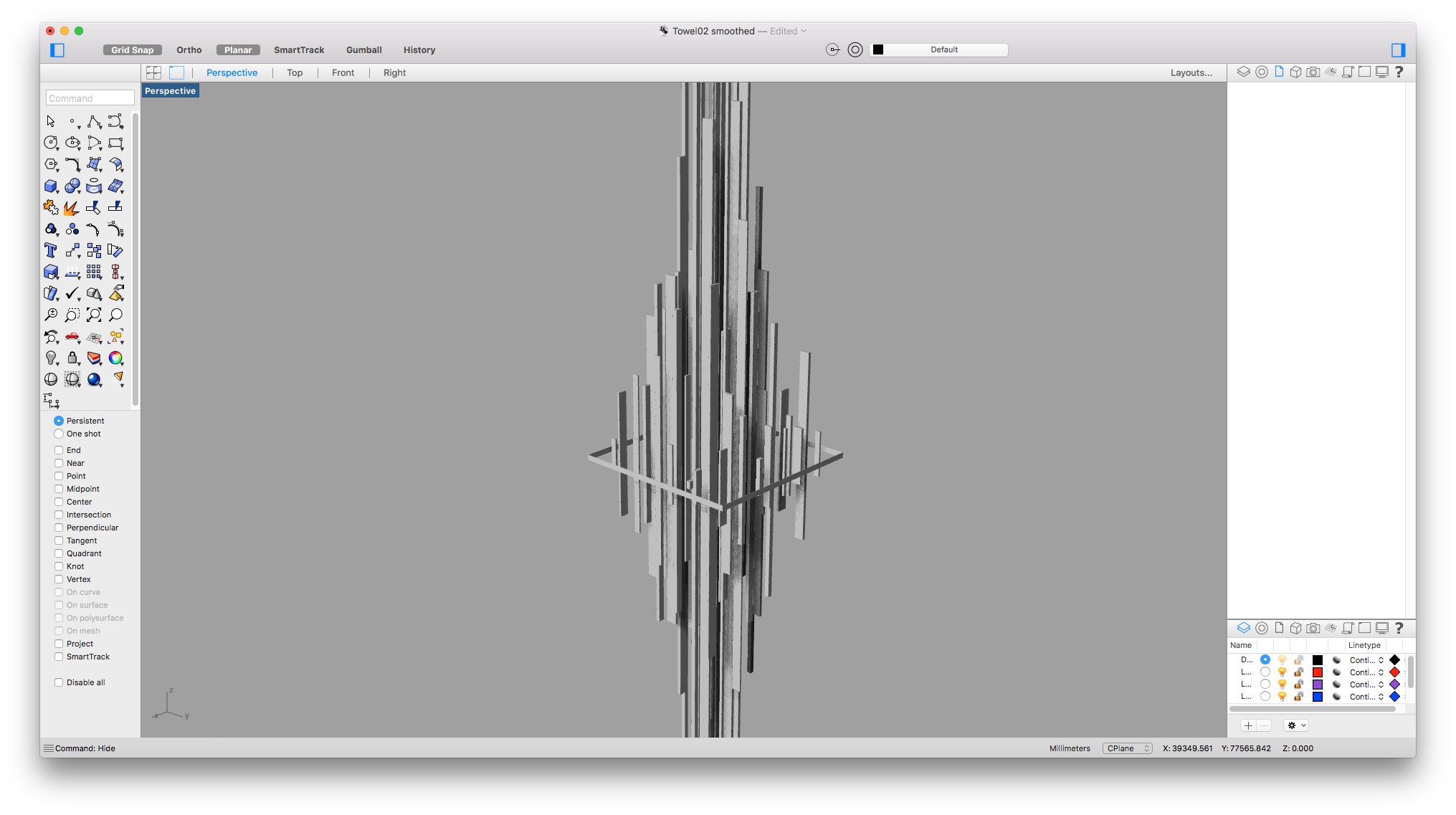 The installation's 3D geometry modeled in Rhino during development — tall architectural fragments