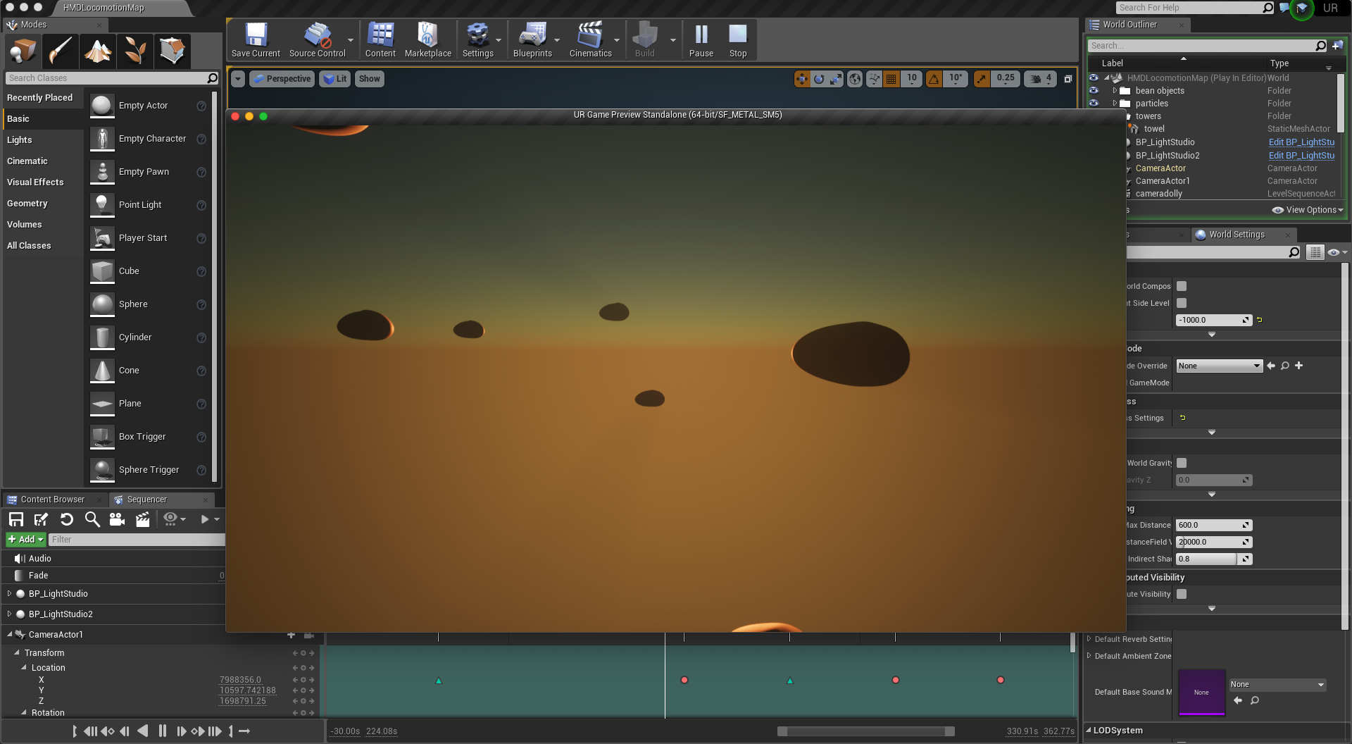 A scene from Untitled Realities built in Unreal Engine — floating rocks on an orange horizon